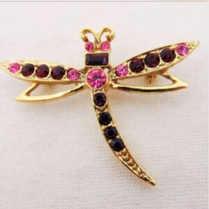 Vintage 1928 Pink & Purple Gold Tone Rhinestone Figural Dragonfly Brooch Pin
